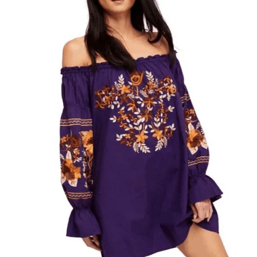 Free People Fleur de Jour Shift Dress Purple Embroidered Off Shoulder Size Small